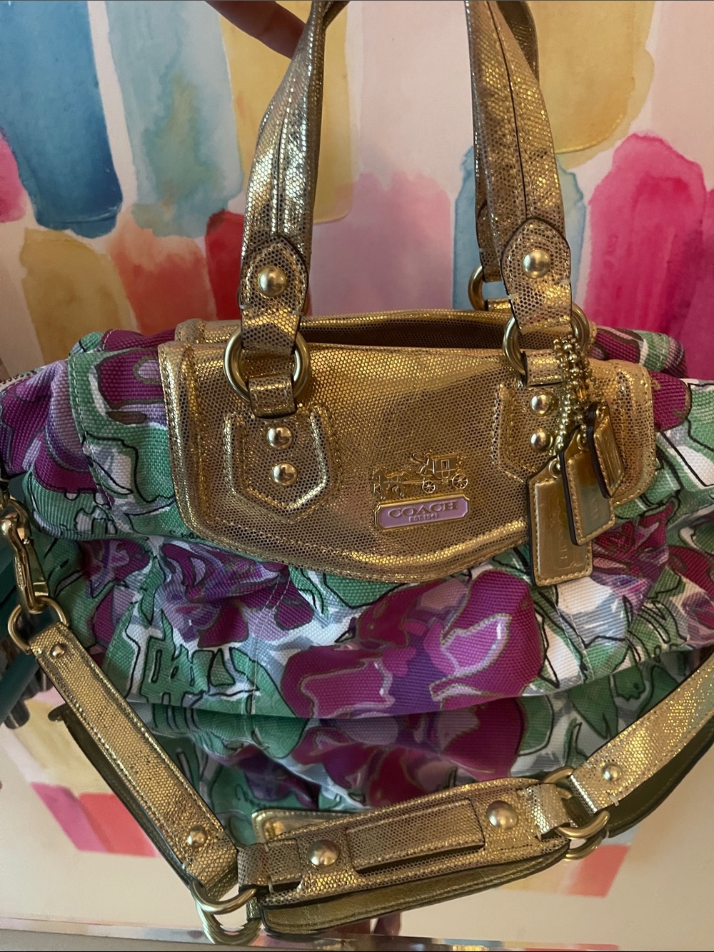 Coach Floral Canvas Satchel with Gold Leather Trim